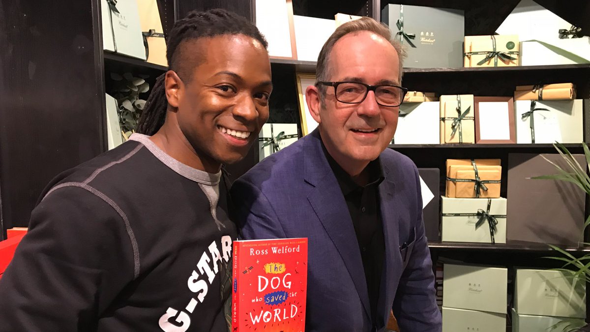 Ross Welford Children's Author and British TV Presenter Nigel Clarke at the launch of 'The Dog Who Saved the World'